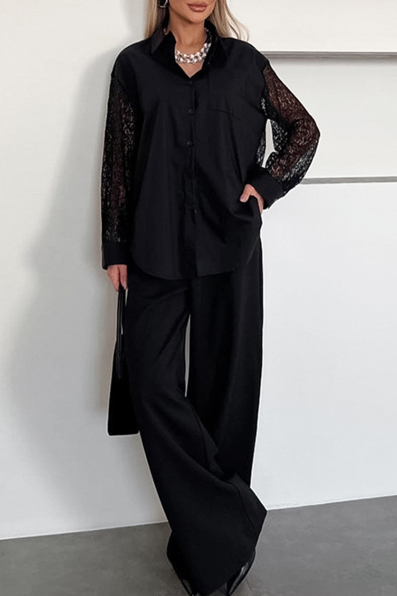 Ladies Elegant Contrast Lace Trim Blouse