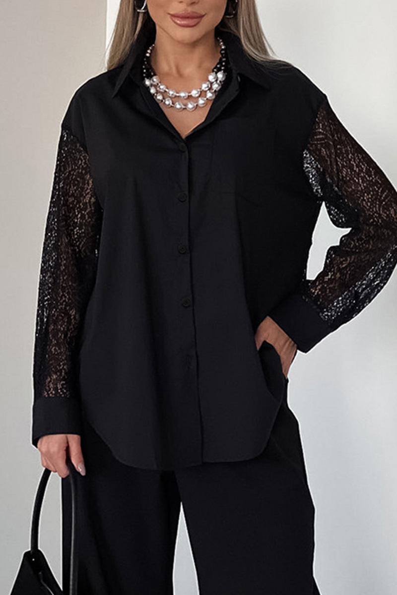 Ladies Elegant Contrast Lace Trim Blouse