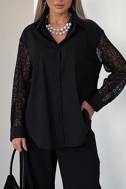 Ladies Elegant Contrast Lace Trim Blouse