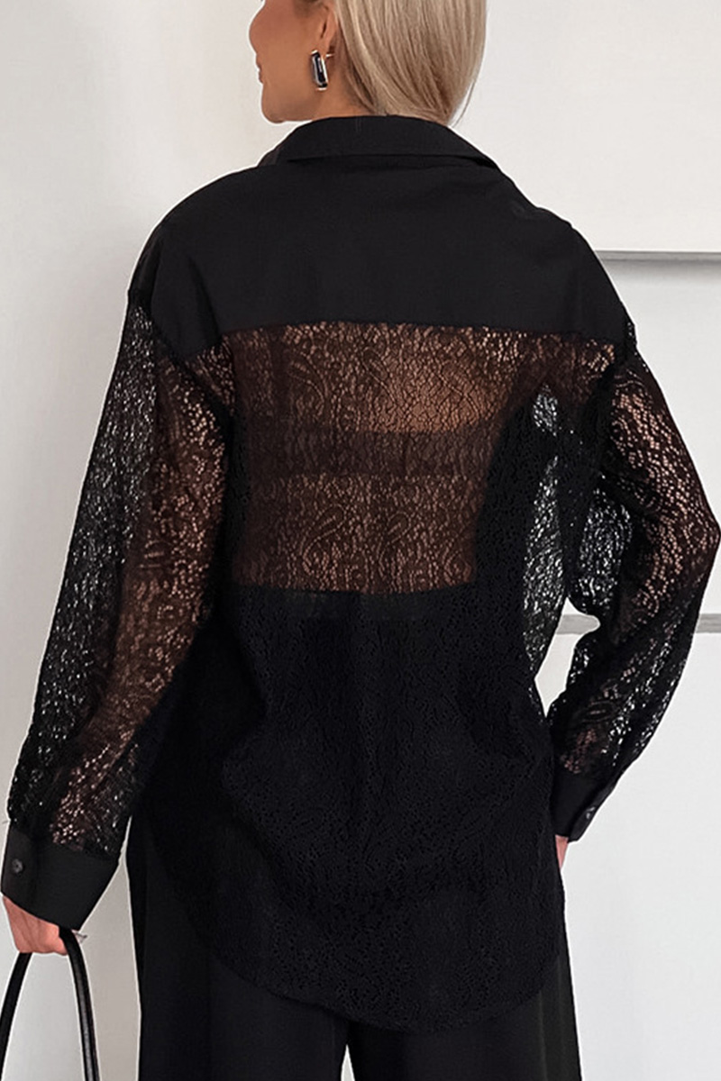 Ladies Elegant Contrast Lace Trim Blouse