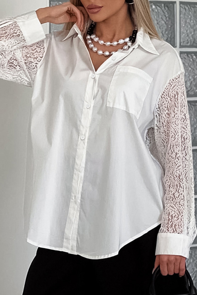 Ladies Elegant Contrast Lace Trim Blouse