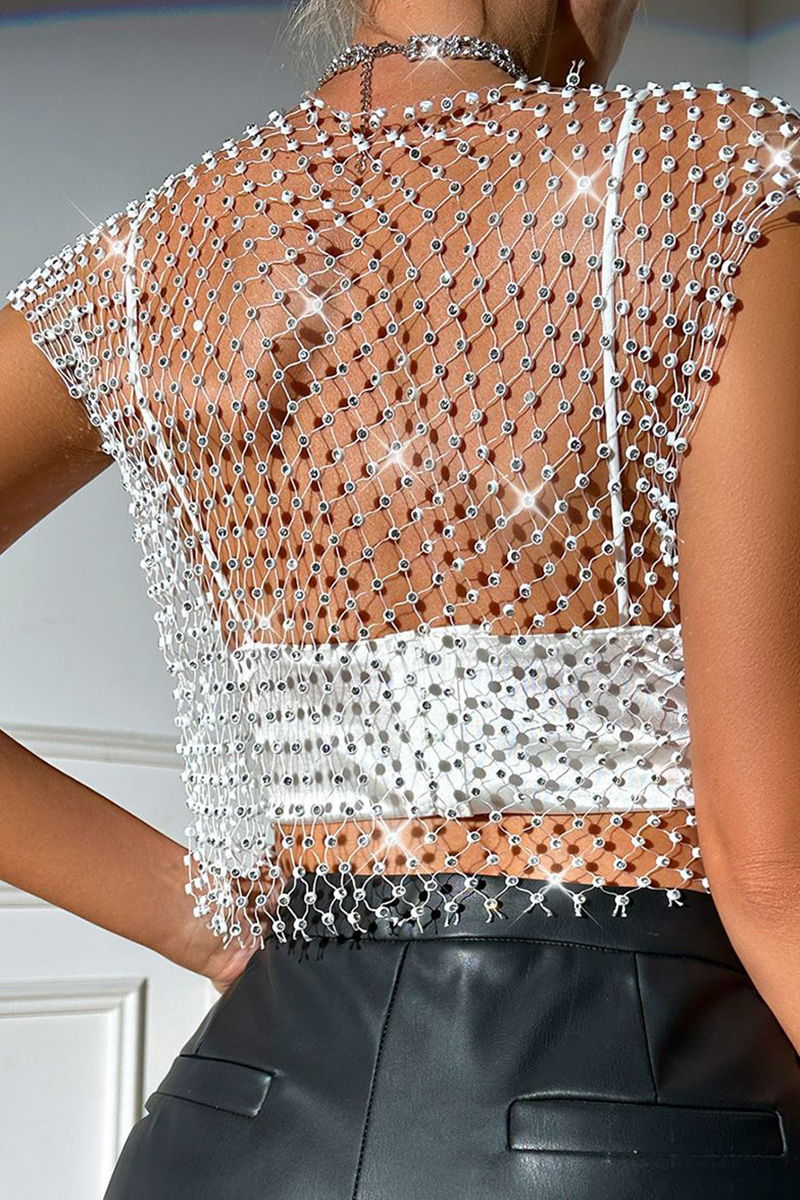 Women's Hollow-Out Fishnet Rhinestone V-Neck Vest