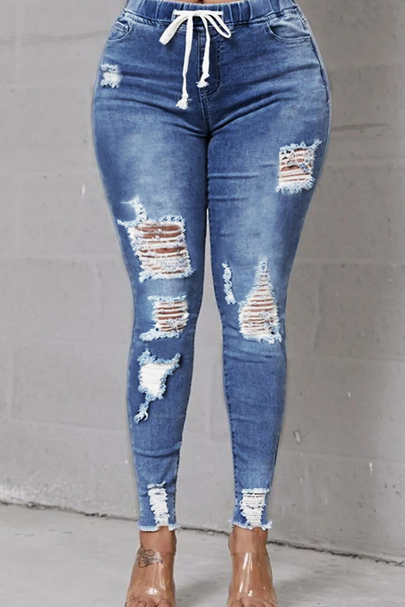 Women's Casual Tie-Waist Ripped Jeans