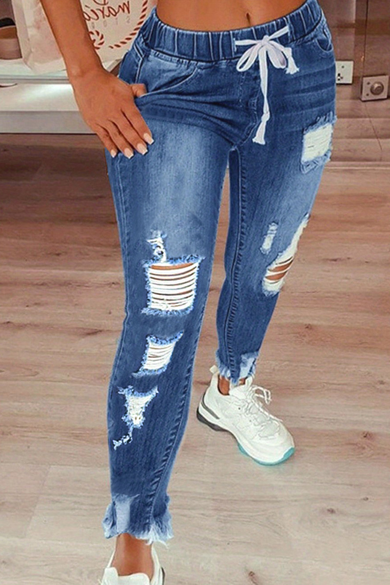 Women's Casual Tie-Waist Ripped Jeans