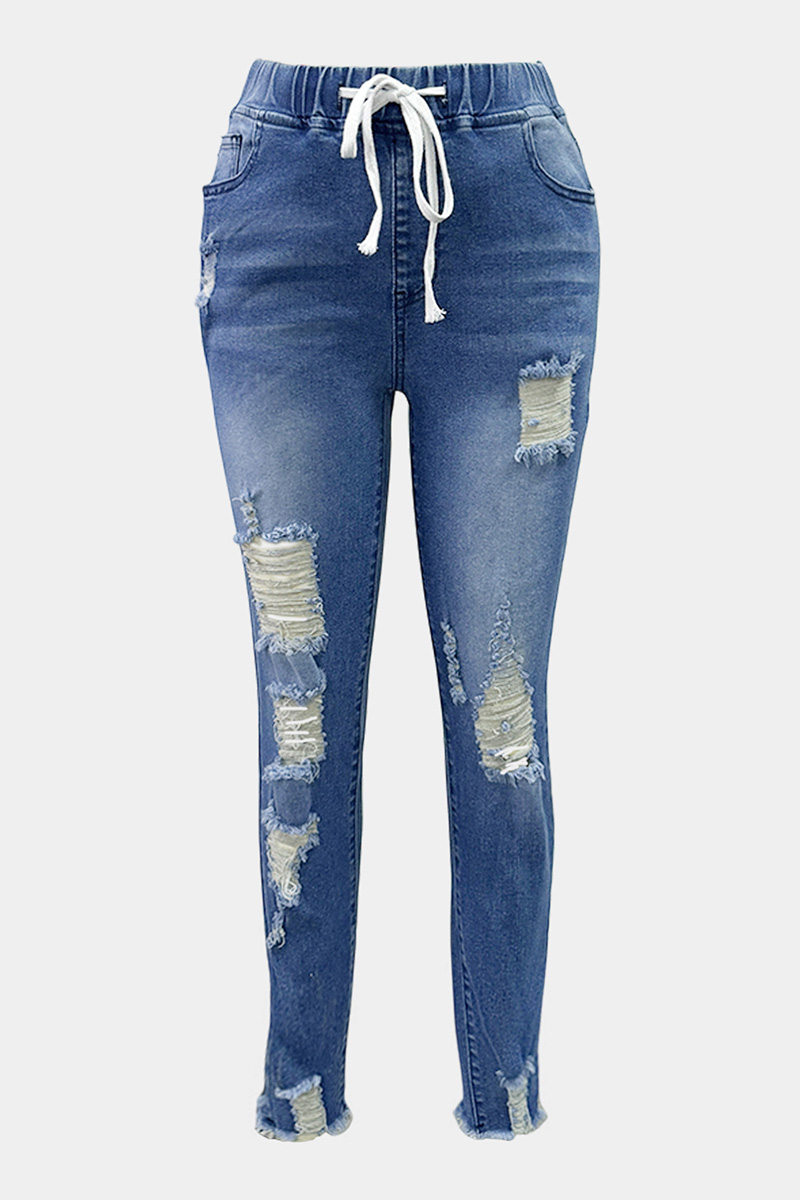 Women's Casual Tie-Waist Ripped Jeans