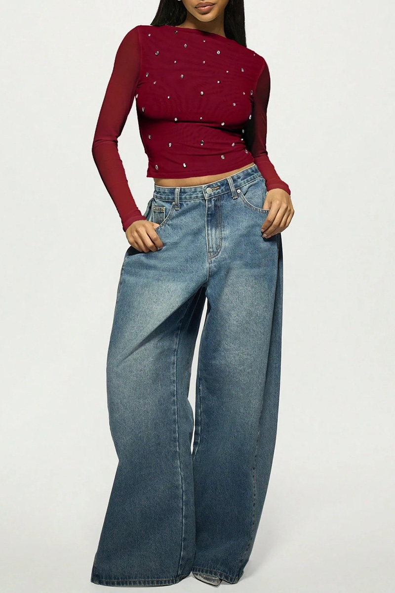 Women's Fashion Double-Layer Mesh Rhinestone Top