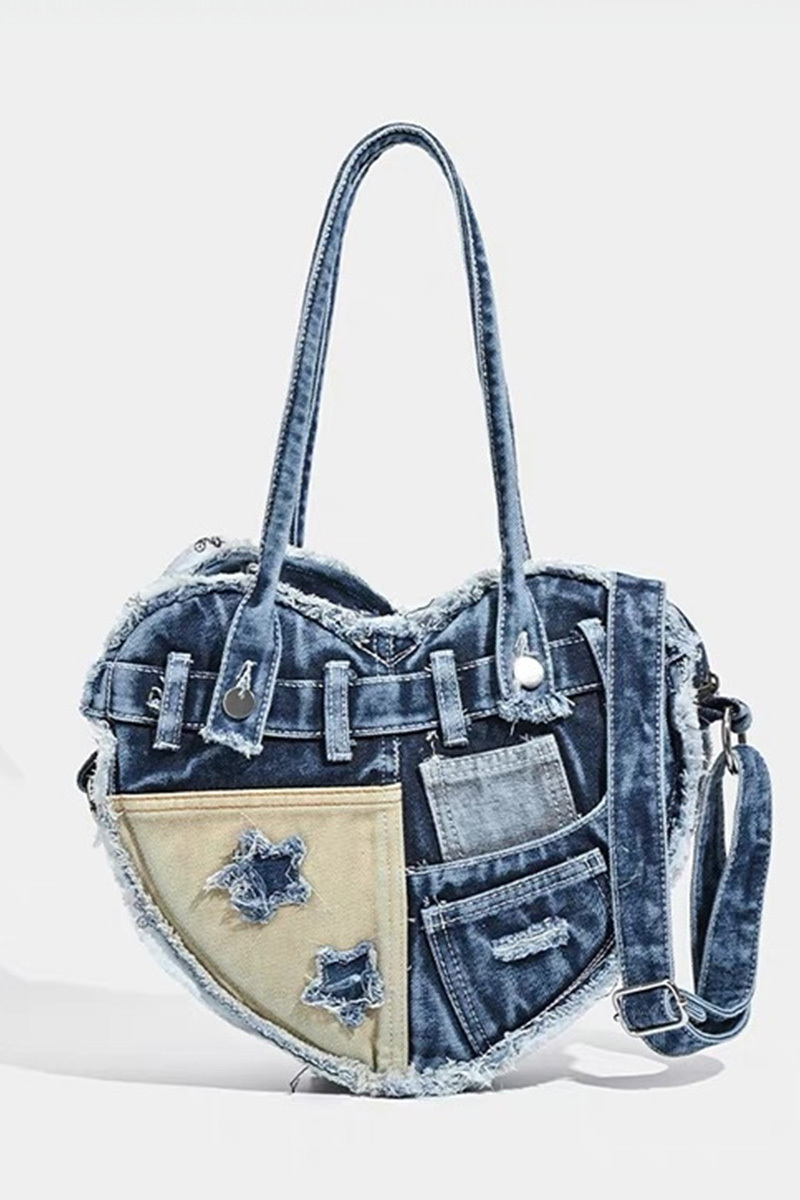 Women‘s Casual Heart Denim-Panel Shoulder Bag