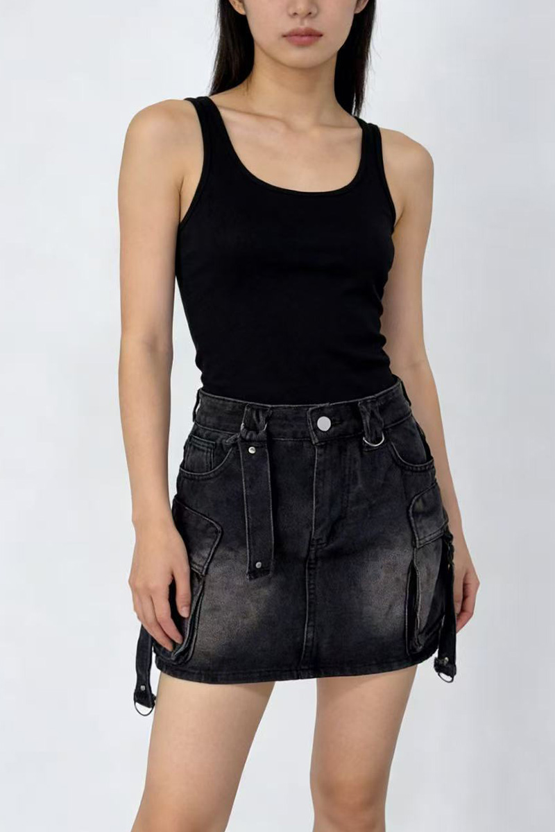 Women's Casual Large Pocket Denim Utility Short Skirt