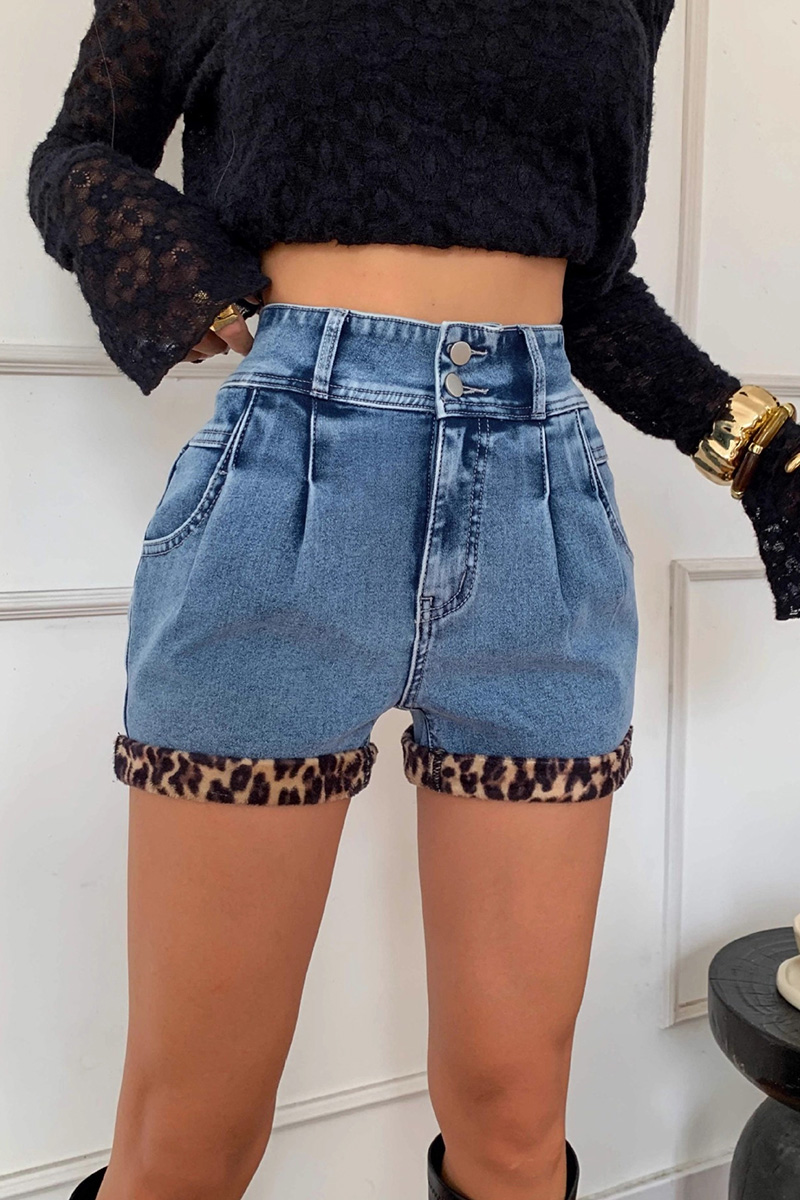 Women's Retro Leopard Print Patchwork Denim Shorts