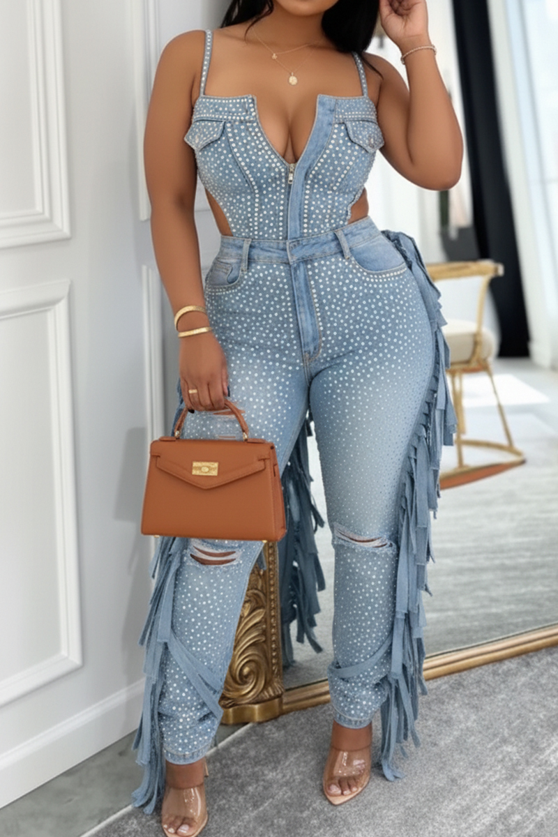 Women's Casual Rhinestone Tassel Suspender Denim Jumpsuit