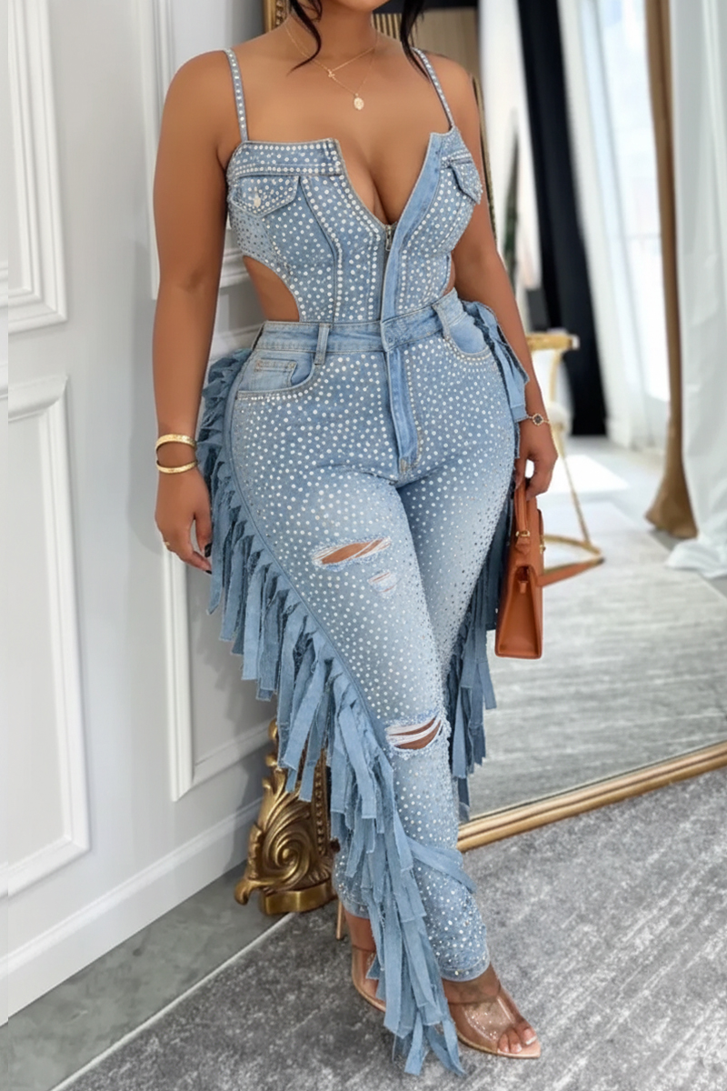 Women's Casual Rhinestone Tassel Suspender Denim Jumpsuit