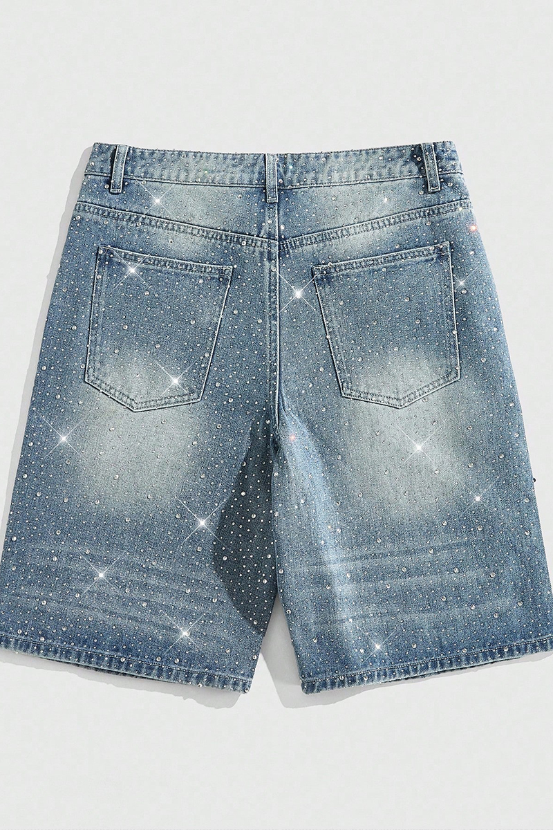 Unisex Street Life Spring/Summer Casual Pearl & Diamond Embellished Loose Denim Shorts