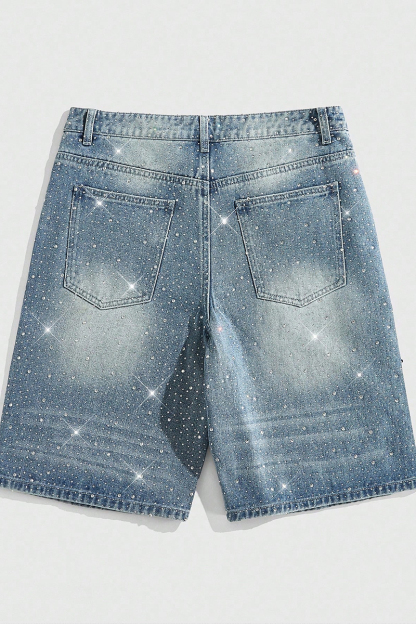 Unisex Street Life Spring/Summer Casual Pearl & Diamond Embellished Loose Denim Shorts