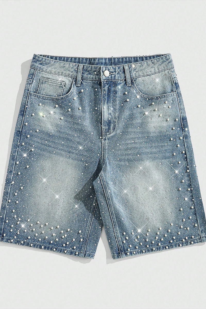 Unisex Street Life Spring/Summer Casual Pearl & Diamond Embellished Loose Denim Shorts
