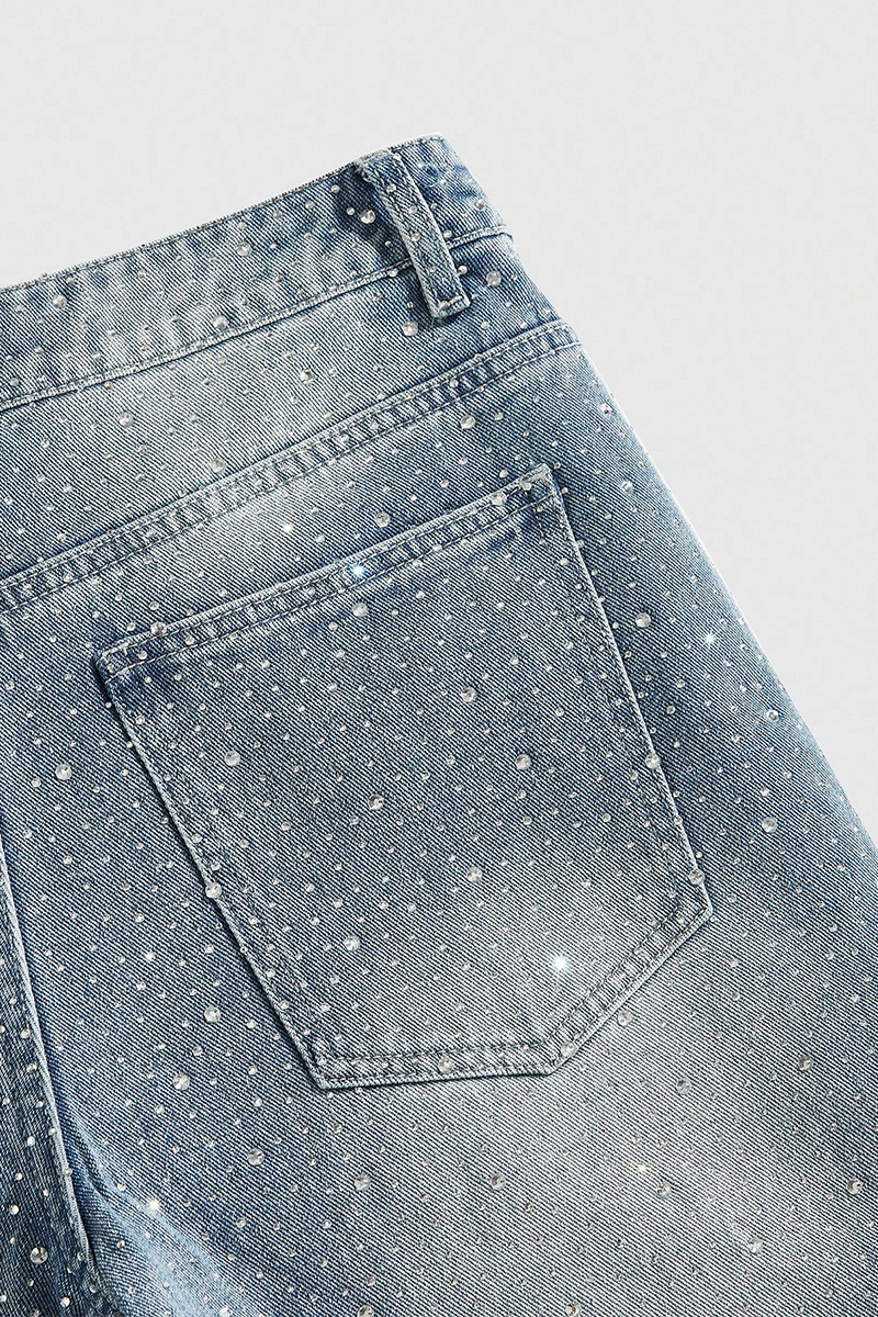 Unisex Street Life Spring/Summer Casual Pearl & Diamond Embellished Loose Denim Shorts