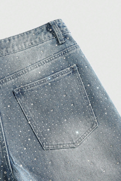 Unisex Street Life Spring/Summer Casual Pearl & Diamond Embellished Loose Denim Shorts