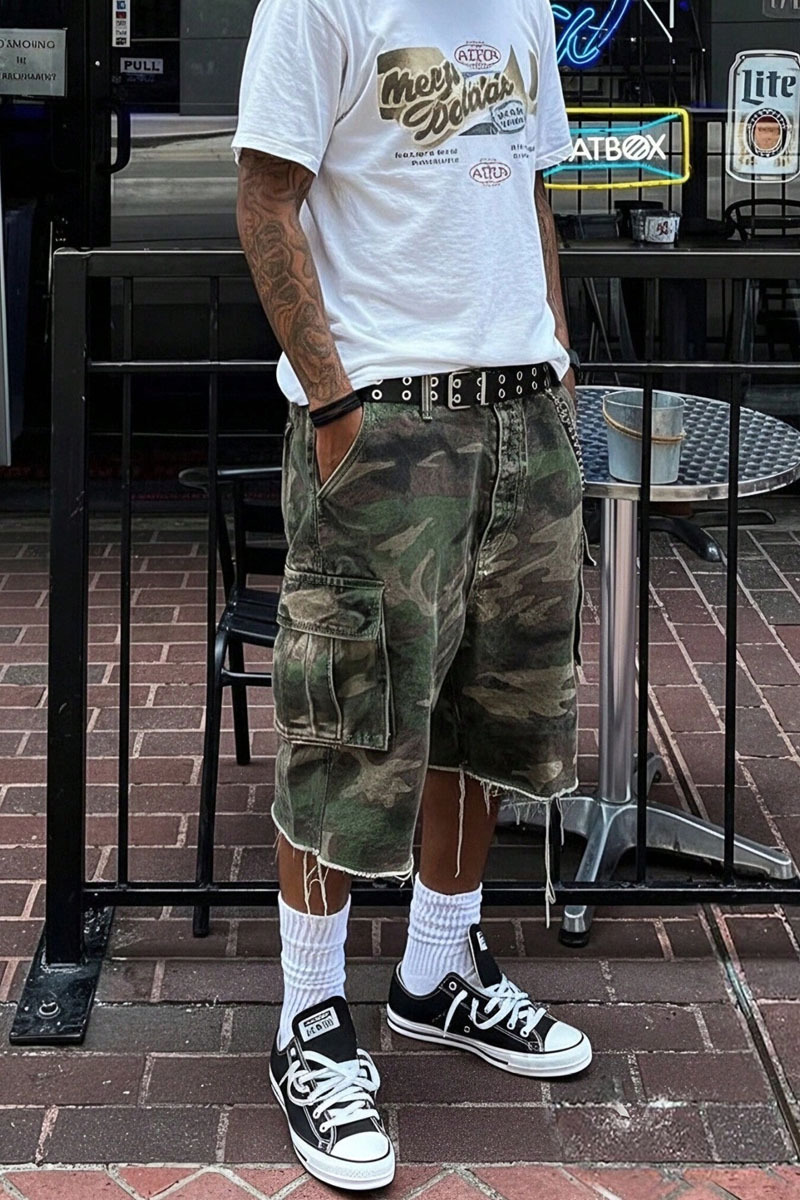 Men's Camo High Street Denim Capri Shorts