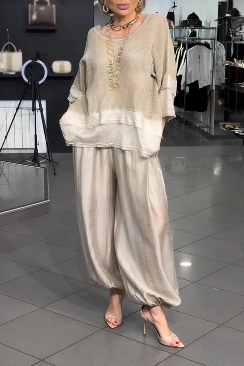 Women Round Neck Patchwork Top+ Lantern Pants Loose Casual Suit