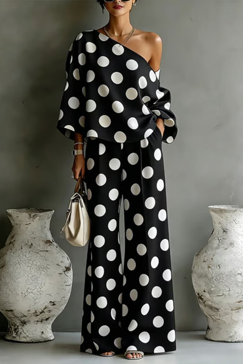 Women Colorful Polka Dot Off Shoulder Top+ Wide Leg Pants Two-piece Set