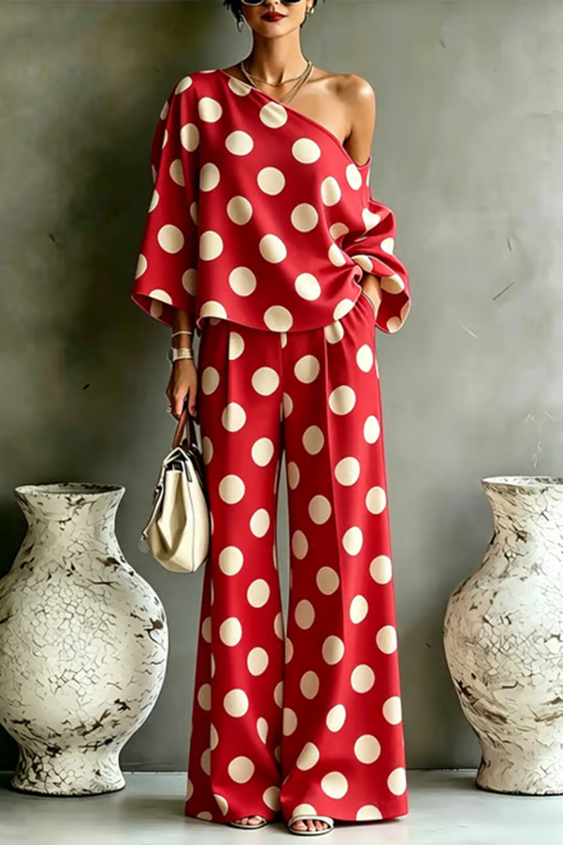 Women Colorful Polka Dot Off Shoulder Top+ Wide Leg Pants Two-piece Set