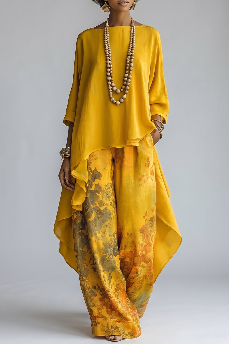 Women Round Neck Irregular Long Top + Printed Wide-leg Pants Casual Suit
