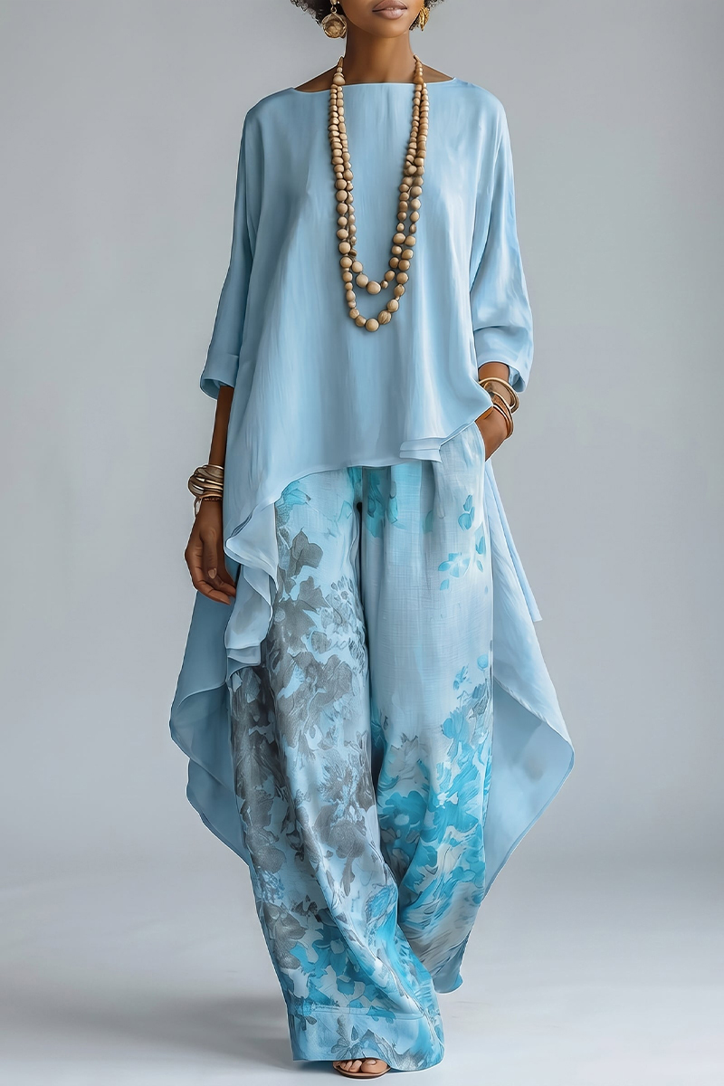 Women Round Neck Irregular Long Top + Printed Wide-leg Pants Casual Suit