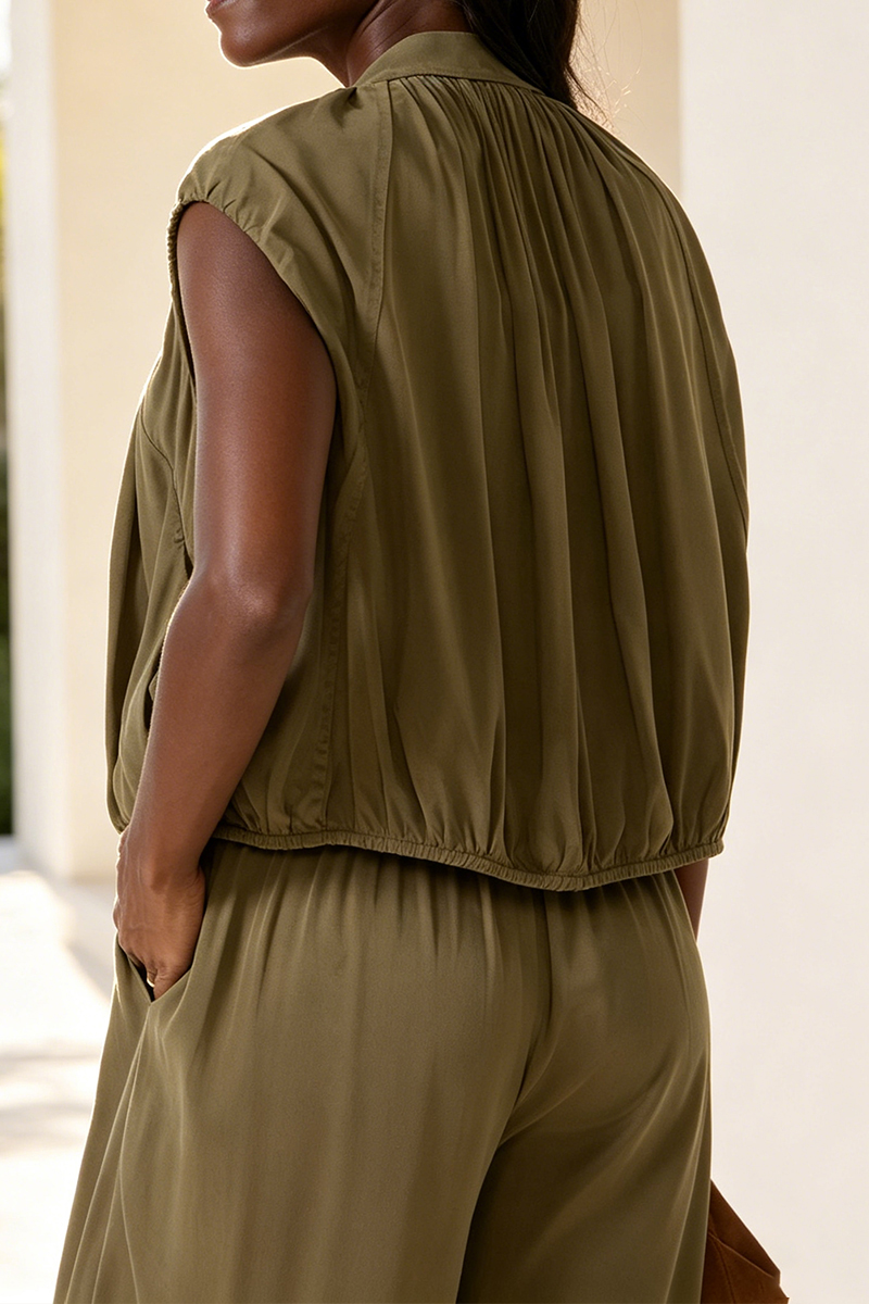Women Summer Round Neck Zipper Top+ Lantern Pants Casual Set