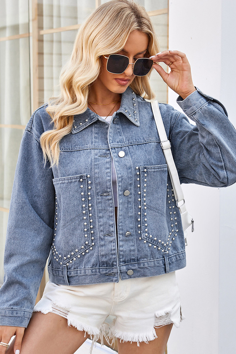 Casual Punk Studded Cropped Denim Jacket