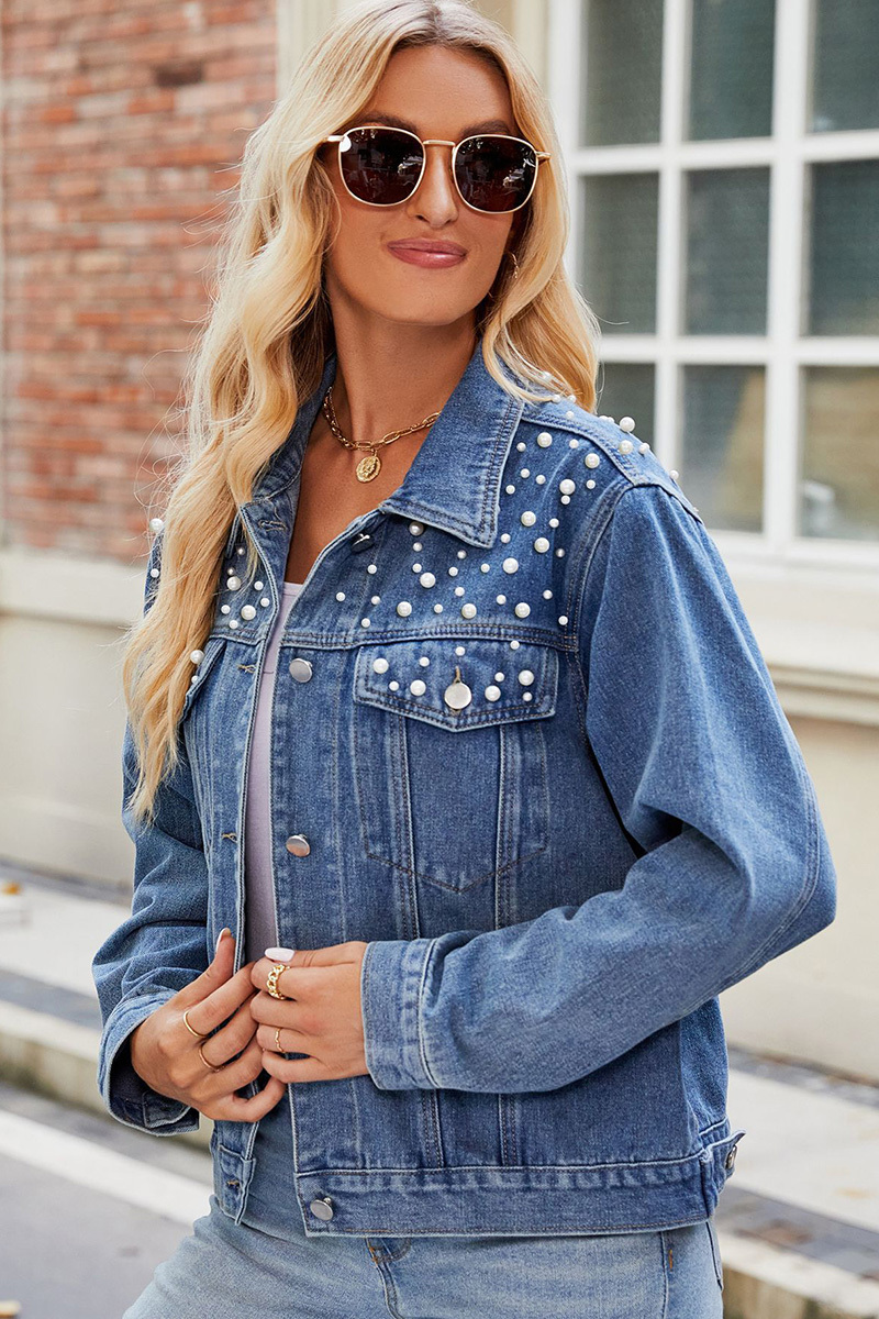 Fashion Pearl Embellished Short Denim Jacket