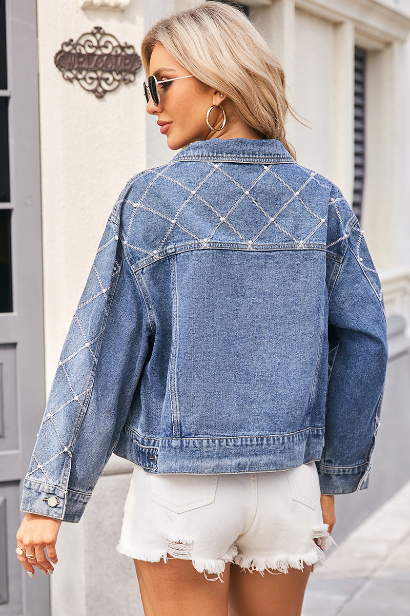 Fashion Plaid Embroidered Beaded Short Denim Jacket