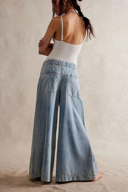 Casual Pleated Mid Rise Drawstring Relaxed Wide Leg Jeans