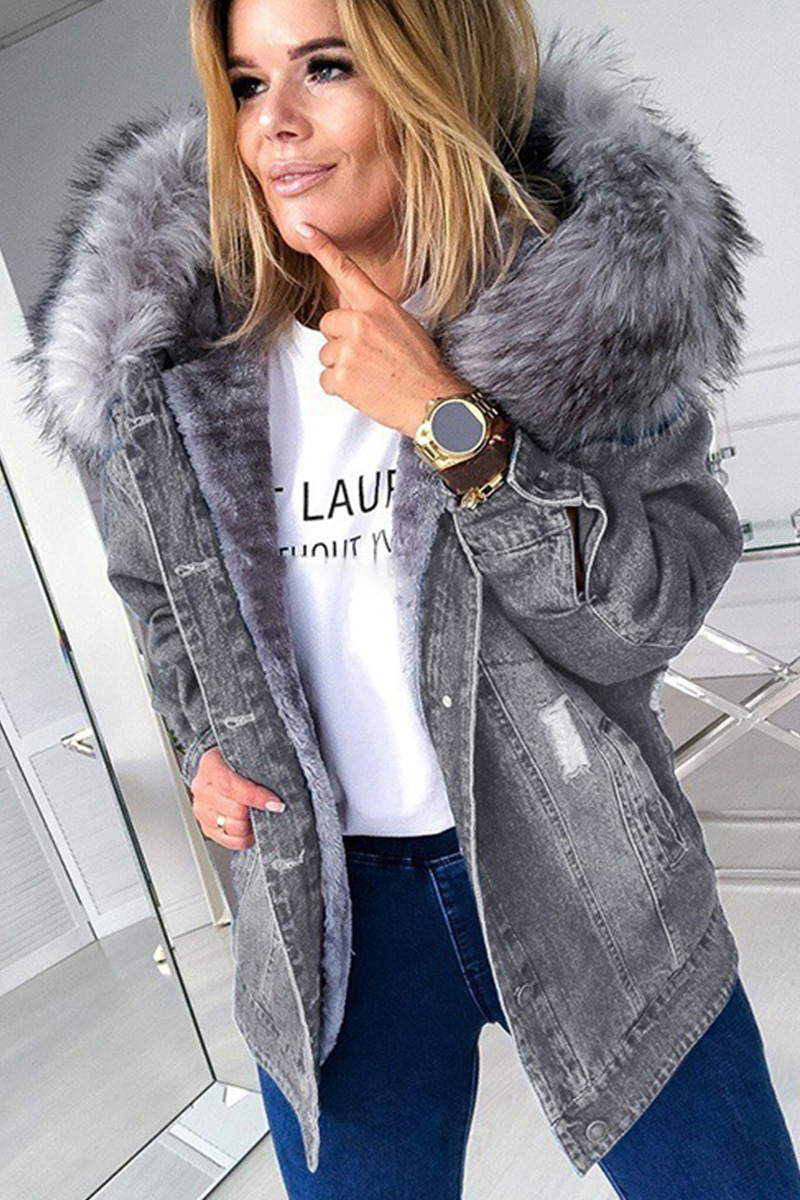 Vintage Big Fur Collar Distressed Ripped Denim Coat