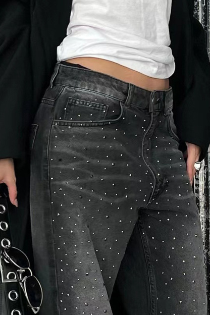 Vintage Hotfix Rhinestone Distressed Low Rise Wide Leg Jeans