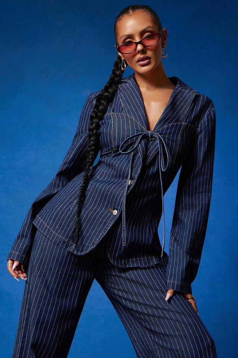 Fashion Thin Stripe V-Neck Denim Jacket