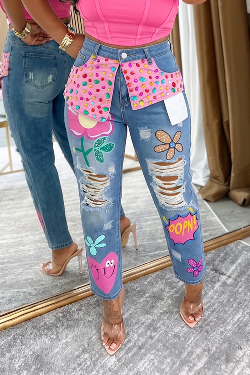 Fashion Rhinestone Washed Ripped Print Jeans