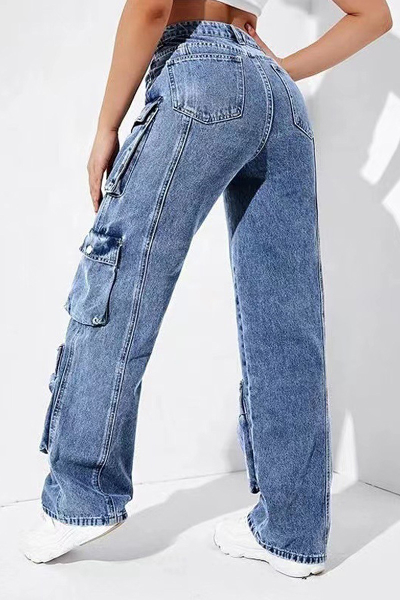 Casual High-Rise Flap Pocket Cargo Jeans