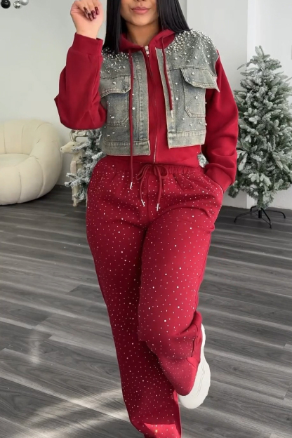 Women's Rhinestone Patchwork Denim Jacket + Waist Drawstring Pants Set