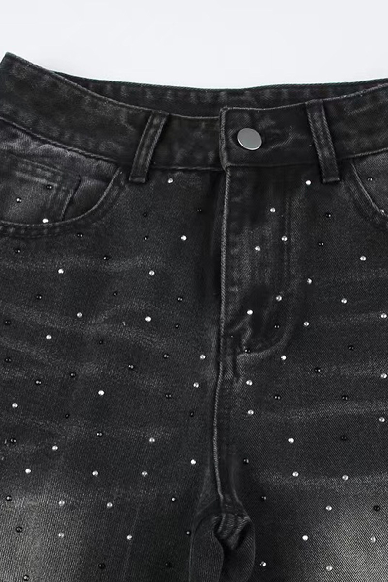 Vintage Hotfix Rhinestone Distressed Low Rise Wide Leg Jeans