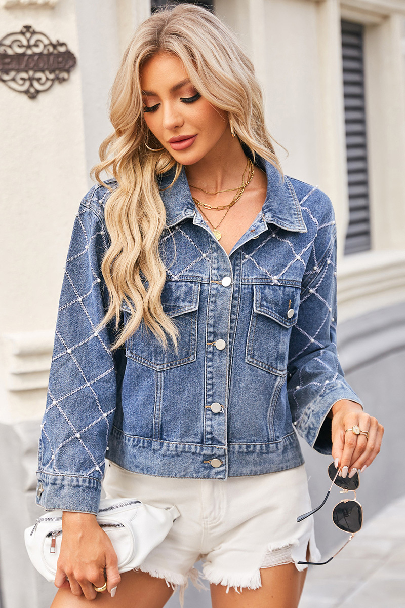Fashion Plaid Embroidered Beaded Short Denim Jacket
