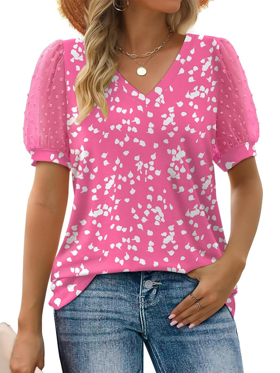⏰ Limited Time: 60% OFF🔥Women's Printed V Neck Swiss Dot Puff Sleeve Loose Casual T-Shirt