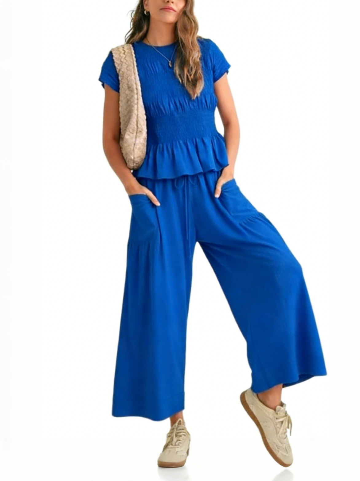 Women's Smocked Top & High Waist Wide Leg Pants Set