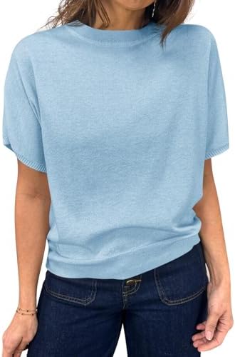 Saodimallsu Women's Short Sleeve Crew Neck Knit Pullover Sweater | Casual Basic, Crew Neck, Loose Knit Pullover, Summer Lightweight