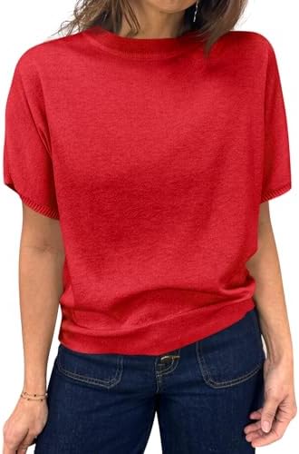 Saodimallsu Women's Short Sleeve Crew Neck Knit Pullover Sweater | Casual Basic, Crew Neck, Loose Knit Pullover, Summer Lightweight