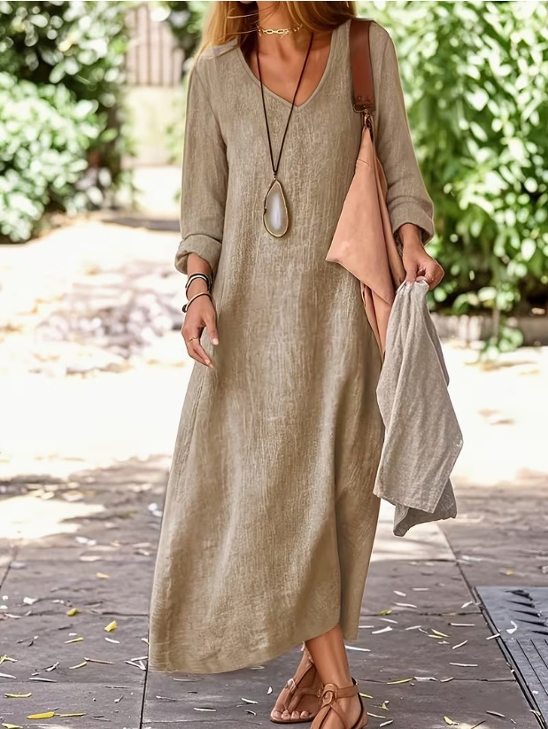 Women's Spring/Autumn V-Neck Vacation Style Long Sleeve Dress
