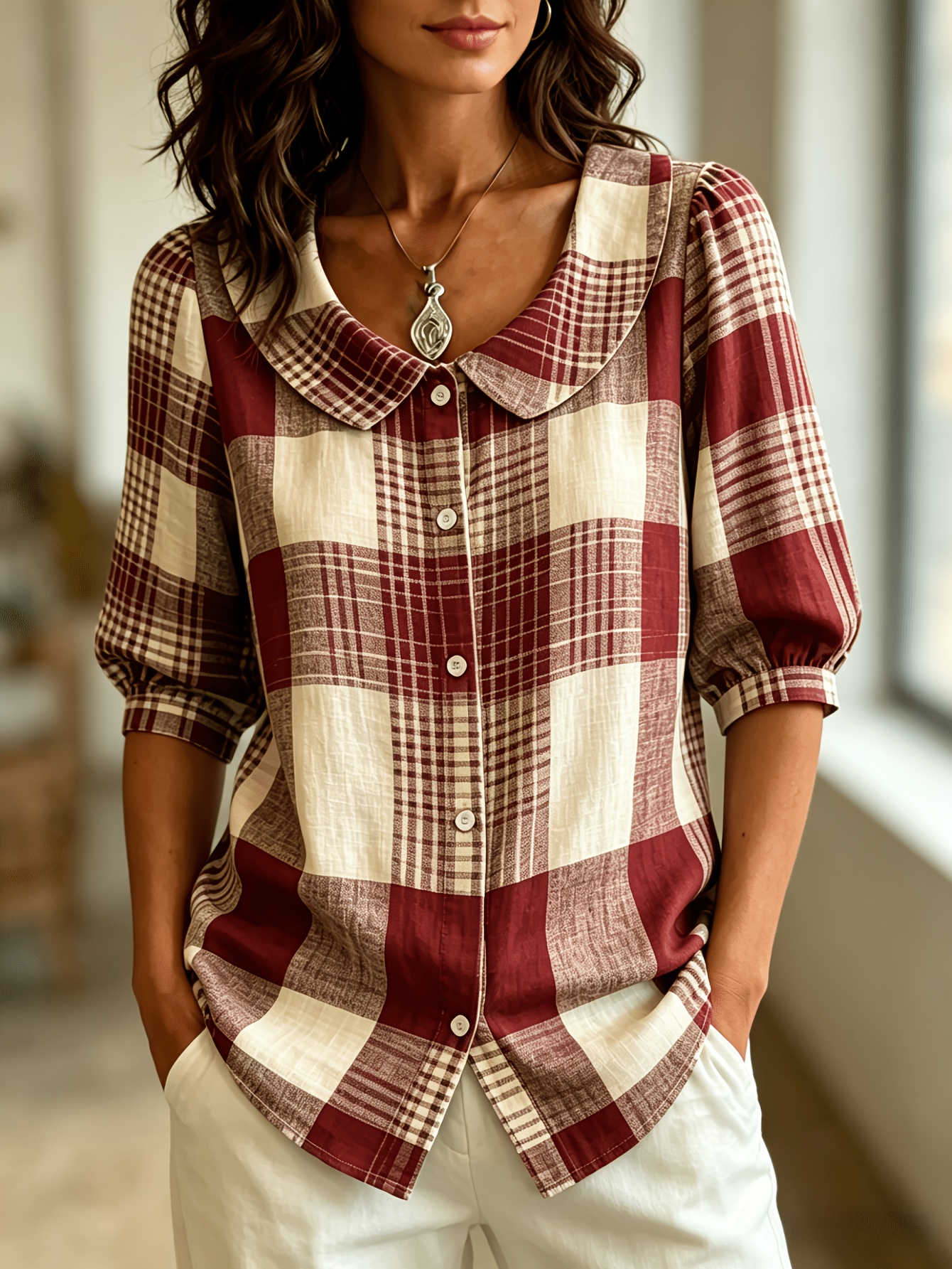 🔥CLEARANCE SALE🔥Plaid Check Button Front Blouse with Peter Pan Collar