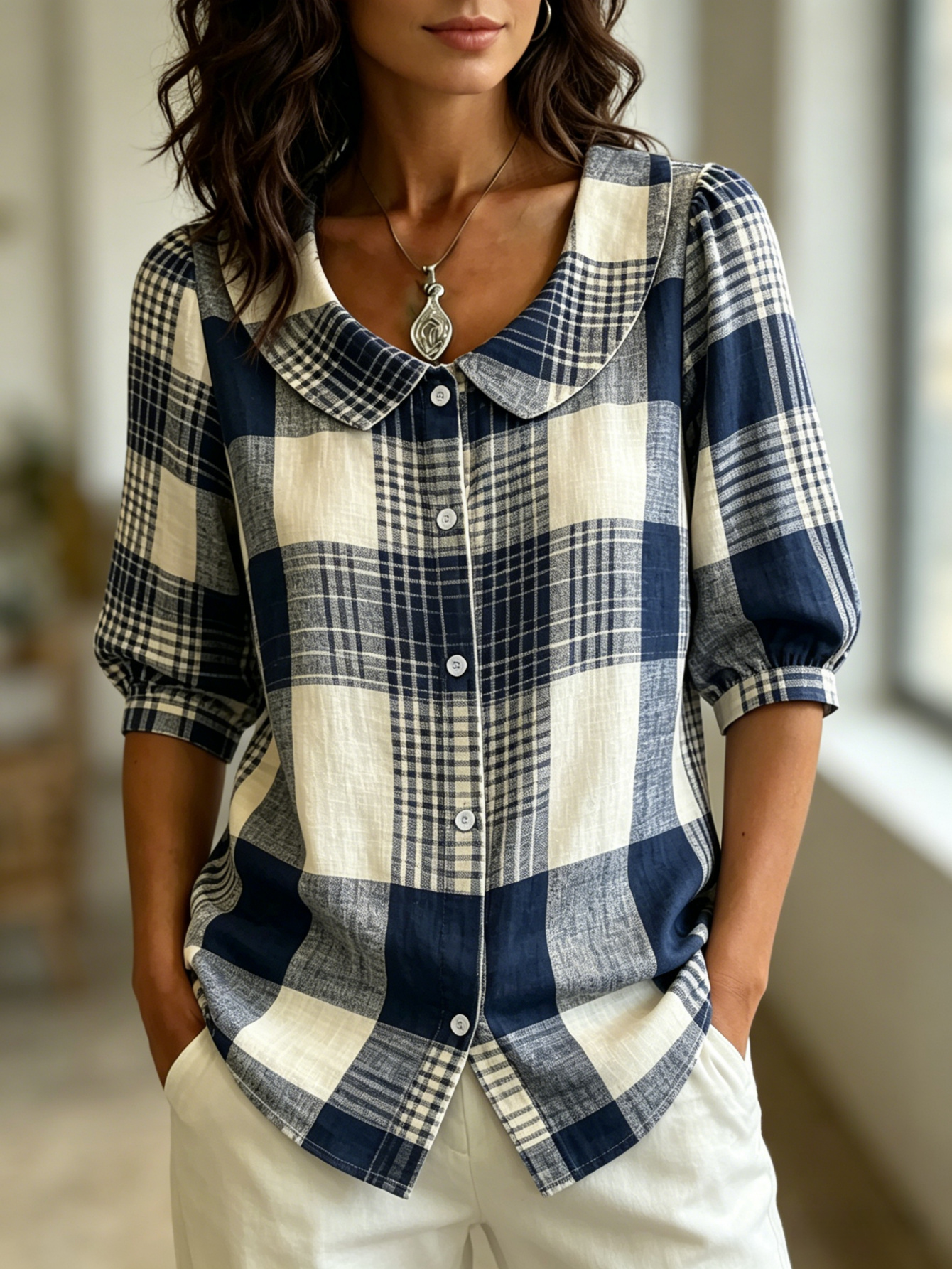 🔥CLEARANCE SALE🔥Plaid Check Button Front Blouse with Peter Pan Collar