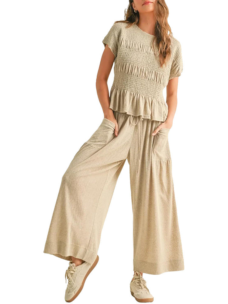 Women's Smocked Top & High Waist Wide Leg Pants Set