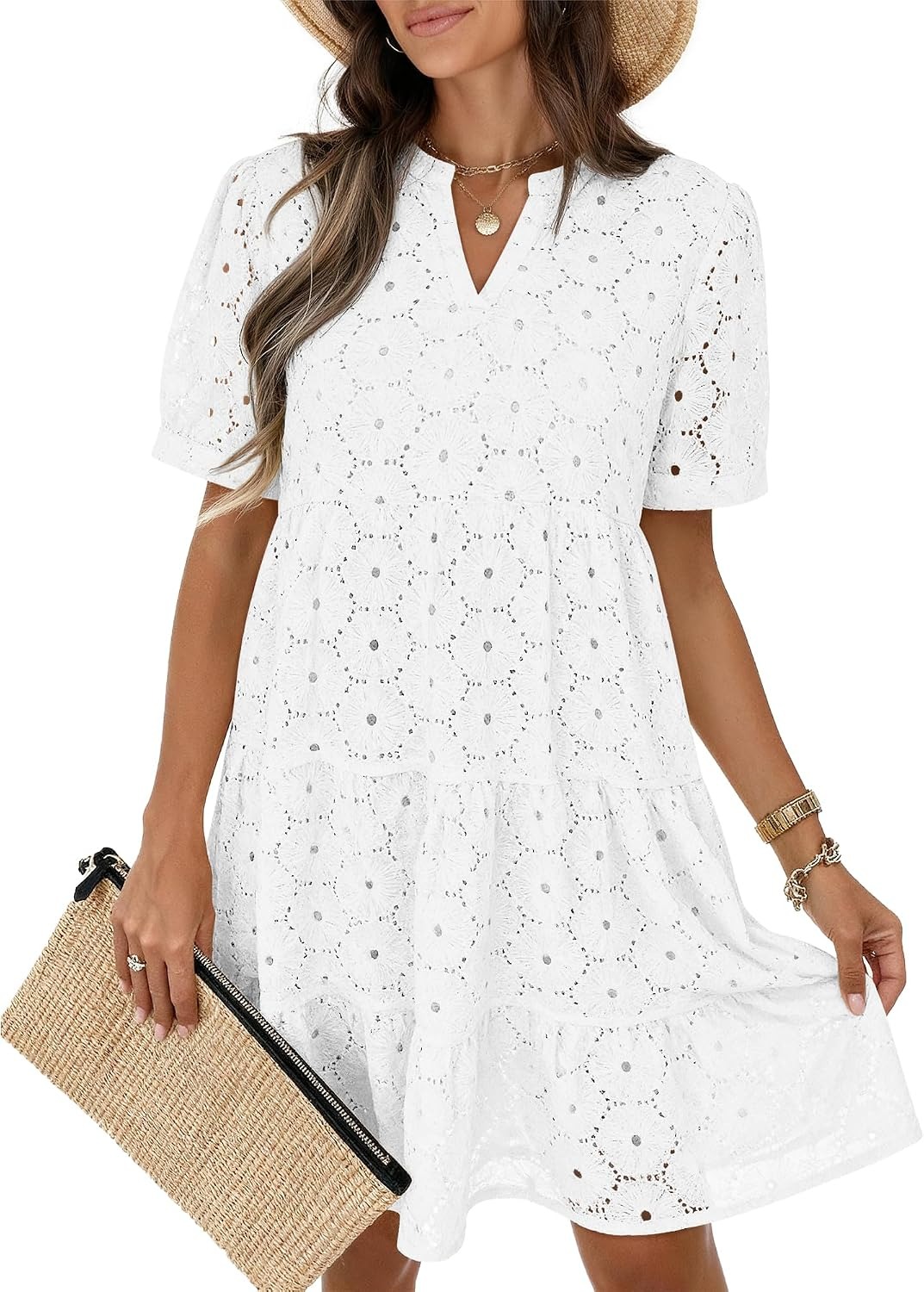 New Arrivals🔥Women’s Summer Lace Dresses Eyelet Casual Flowy Babydoll Swing Short Sleeve V Neck Tunic Dress