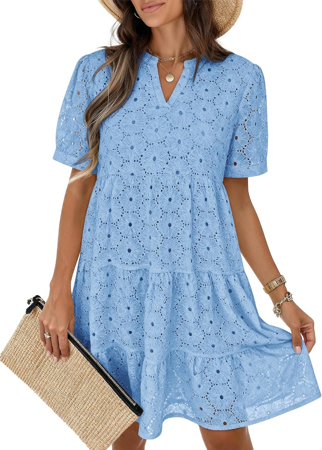New Arrivals🔥Women’s Summer Lace Dresses Eyelet Casual Flowy Babydoll Swing Short Sleeve V Neck Tunic Dress