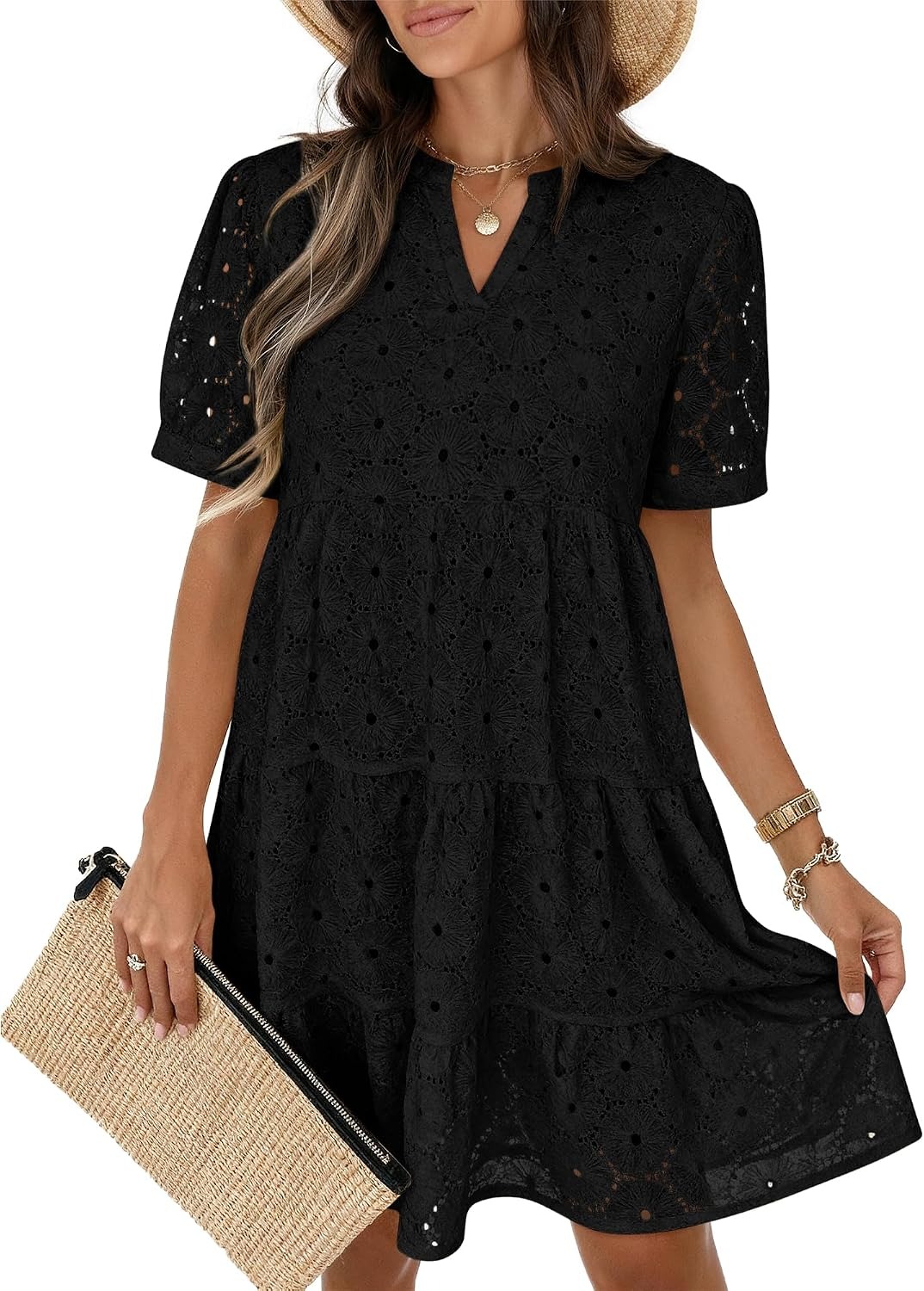New Arrivals🔥Women’s Summer Lace Dresses Eyelet Casual Flowy Babydoll Swing Short Sleeve V Neck Tunic Dress
